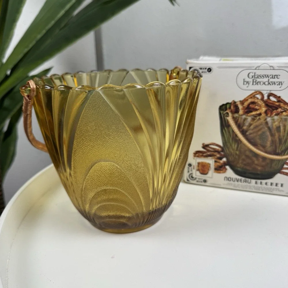 Vintage MCM Glassware by Brockway Crystal Nouveau Bucket Rattan Handle NEW